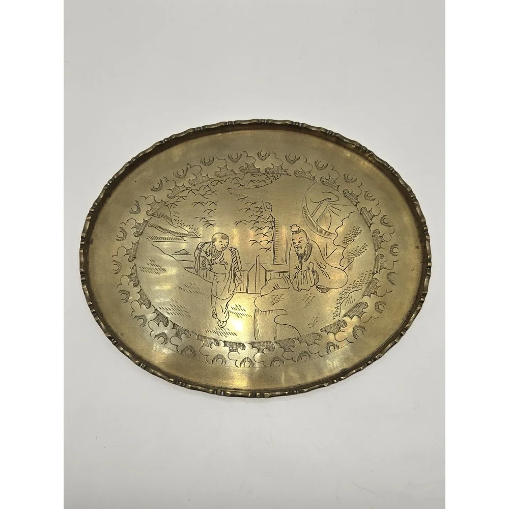 Antique Chinese Etched Brass Tea Tray with Scalloped Edge